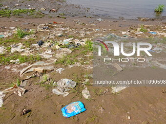 Debris is floating downstream, brought by the 2023 Yangtze River flood, near the Linjiangxi Bridge in Yichang on the Yangtze River in Yichan...