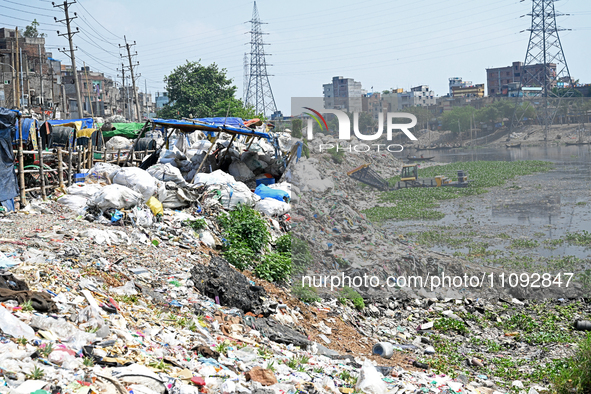 Plastic waste is floating in the polluted Buriganga River in Dhaka, Bangladesh, on March 23, 2024. Bangladesh is reportedly ranked 10th amon...