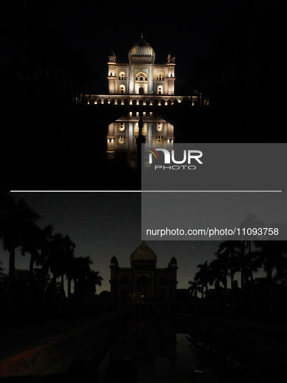 This combination of pictures is showing the Safdarjung Tomb illuminated (top) and with its lights turned off (bottom) during the Earth Hour...