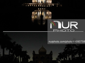 This combination of pictures is showing the Safdarjung Tomb illuminated (top) and with its lights turned off (bottom) during the Earth Hour...