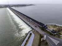 An aerial photo is showing the flood discharge from the 63-hole sluice of the Sanhe Gate of Hongze Lake in Huai'an, China, on March 24, 2024...