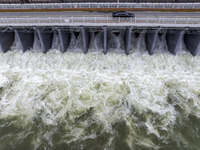 An aerial photo is showing the flood discharge from the 63-hole sluice of the Sanhe Gate of Hongze Lake in Huai'an, China, on March 24, 2024...