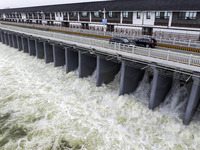 An aerial photo is showing the flood discharge from the 63-hole sluice of the Sanhe Gate of Hongze Lake in Huai'an, China, on March 24, 2024...