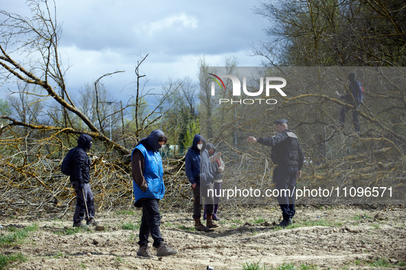 Riot police are gesturing towards 'zadistes', ZAD activists (ZAD stands for Zone To Protect), in Saix, Tarn, France, on March 24, 2024. Afte...