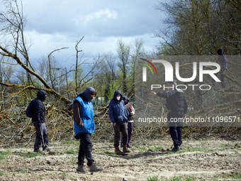 Riot police are gesturing towards 'zadistes', ZAD activists (ZAD stands for Zone To Protect), in Saix, Tarn, France, on March 24, 2024. Afte...