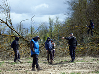 Riot police are gesturing towards 'zadistes', ZAD activists (ZAD stands for Zone To Protect), in Saix, Tarn, France, on March 24, 2024. Afte...