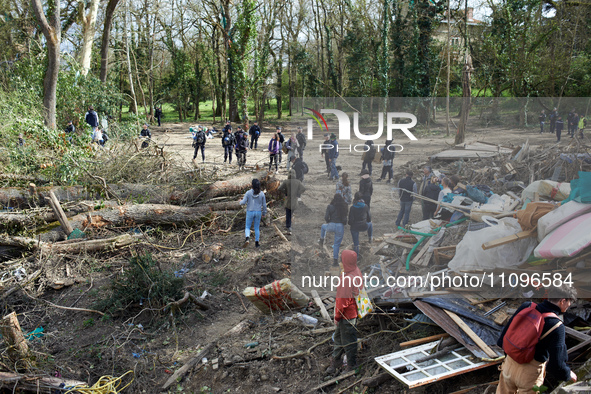 People are walking through the remnants of the Crem'Arbre woods after trees were illegally cut down for the controversial A69 highway. The l...