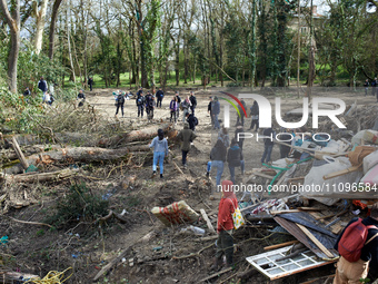 People are walking through the remnants of the Crem'Arbre woods after trees were illegally cut down for the controversial A69 highway. The l...