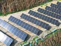 A photovoltaic power generation facility at an abandoned mine is being seen from the air in Hangzhou, Zhejiang Province, China, on March 26,...