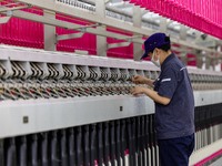 A worker is operating an intelligent production line at a textile company in Taizhou, Jiangsu Province, China, on March 26, 2024. (