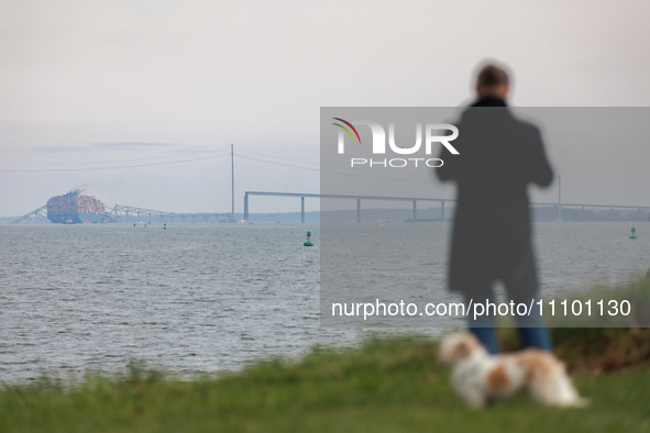 People view the collapsed Francis Scott Key Bridge in Baltimore, Maryland from the Fort McHenry National Monument and Historic Shrine on Mar...