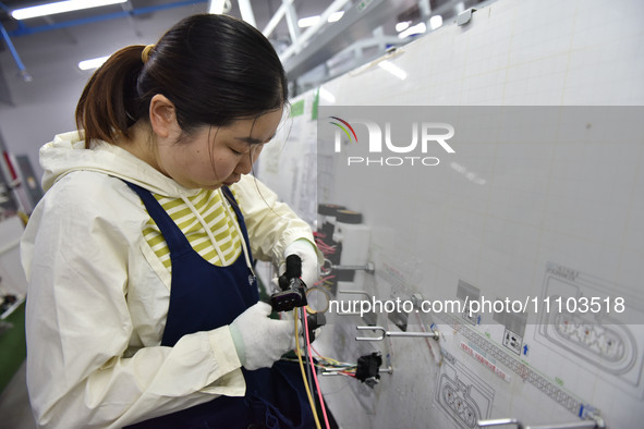 A worker is working on a production line of wiring harness products for a complete vehicle at a workshop of a technology company in Fuyang,...