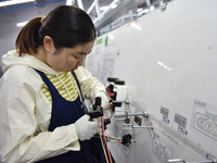 A worker is working on a production line of wiring harness products for a complete vehicle at a workshop of a technology company in Fuyang,...