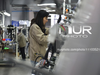 A worker is working on a production line of wiring harness products for a complete vehicle at a workshop of a technology company in Fuyang,...