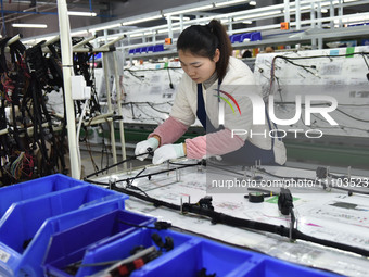 A worker is working on a production line of wiring harness products for a complete vehicle at a workshop of a technology company in Fuyang,...