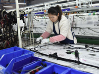 A worker is working on a production line of wiring harness products for a complete vehicle at a workshop of a technology company in Fuyang,...