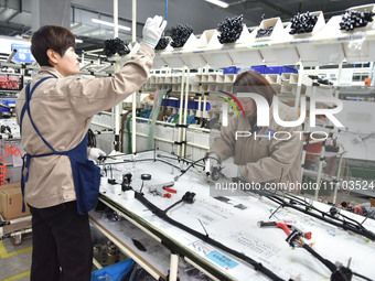 Workers are working on a production line of wiring harness products for complete vehicles at a workshop of a technology company in Fuyang, C...