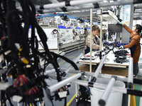 Workers are working on a production line of wiring harness products for complete vehicles at a workshop of a technology company in Fuyang, C...