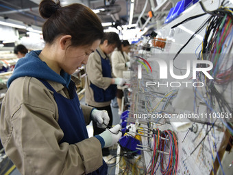 Workers are working on a production line of wiring harness products for complete vehicles at a workshop of a technology company in Fuyang, C...