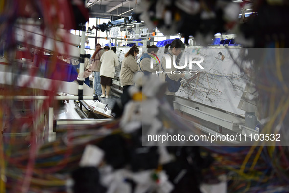 Workers are working on a production line of wiring harness products for complete vehicles at a workshop of a technology company in Fuyang, C...