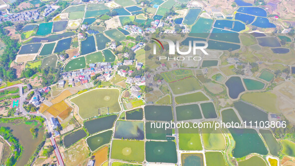 An aerial photo is showing fish ponds nestled between villages, fields, and rivers in Chongqing, China, on March 28, 2024. 