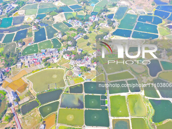 An aerial photo is showing fish ponds nestled between villages, fields, and rivers in Chongqing, China, on March 28, 2024. (