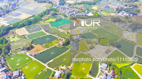 An aerial photo is showing fish ponds nestled between villages, fields, and rivers in Chongqing, China, on March 28, 2024. 