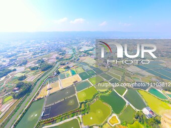 An aerial photo is showing fish ponds nestled between villages, fields, and rivers in Chongqing, China, on March 28, 2024. (