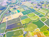 An aerial photo is showing fish ponds nestled between villages, fields, and rivers in Chongqing, China, on March 28, 2024. (