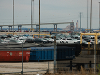 The collapsed Francis Scott Key Bridge is seen beyond the Dundalk Marine Terminal in Dundalk, Maryland on March 28, 2024. (