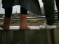 The collapsed Francis Scott Key Bridge is seen beyond the feet of people viewing the bridge from the Broening Highway in Dundalk, Maryland o...