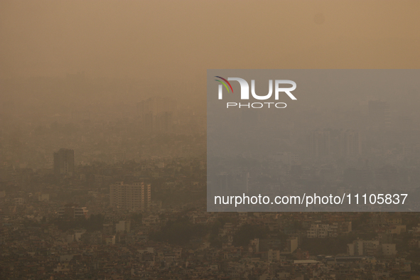 Kathmandu, the capital of Nepal, is shrouded by a polluted haze as the pollution level rises in the bowl-shaped valley on March 29, 2024. 