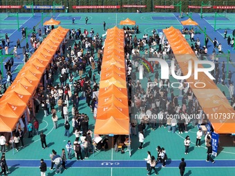 A large number of fresh graduates are applying for jobs at a job fair held by Yantai Institute of Technology in Yantai, China, on March 30,...