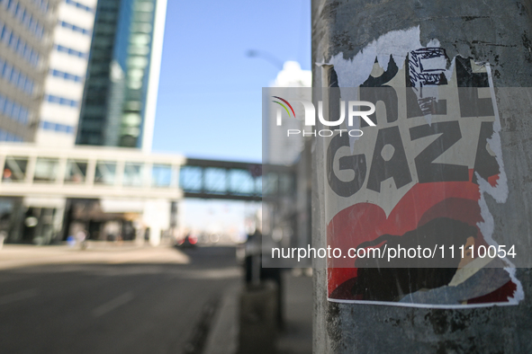 EDMONTON, CANADA - MARCH 30:
Vandalised poster 'Free Gaza' seen in downtown Edmonton just before the March for Palestine on Land Day, on Mar...
