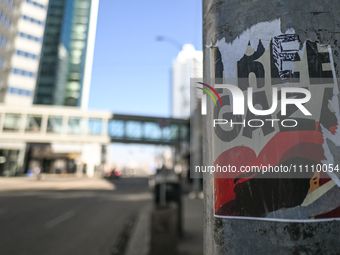 EDMONTON, CANADA - MARCH 30:
Vandalised poster 'Free Gaza' seen in downtown Edmonton just before the March for Palestine on Land Day, on Mar...