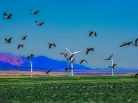 Wind power facilities are being seen in Xinjiang, China, on April 29, 2017. Xinjiang is integrating wind, solar, hydro, biomass, geothermal,...