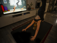 A woman is seen doing yoga exercises with YouTube trainer on a television in her living room in Warsaw, Poland on 23 March, 2024. (