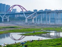 Tourists are camping and playing on the river beach as the water levels of the Yangtze and Jialing rivers continue to fall in Chongqing, Chi...