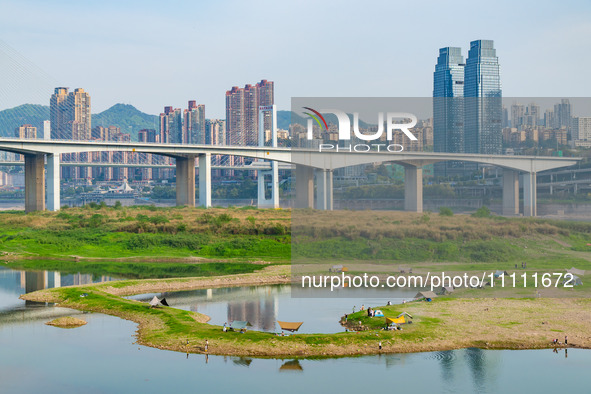 Tourists are camping and playing on the river beach as the water levels of the Yangtze and Jialing rivers continue to fall in Chongqing, Chi...