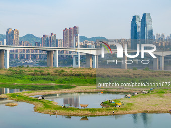 Tourists are camping and playing on the river beach as the water levels of the Yangtze and Jialing rivers continue to fall in Chongqing, Chi...