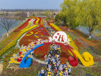 Primary school students are participating in a research activity amid blooming flowers at the Hongze Lake Wetland scenic spot in Sihong Coun...