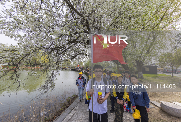 Primary school students are participating in a research activity amid blooming flowers at the Hongze Lake Wetland scenic spot in Sihong Coun...