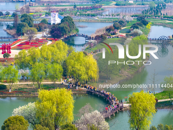 Primary school students are participating in a research activity amid blooming flowers at the Hongze Lake Wetland scenic spot in Sihong Coun...