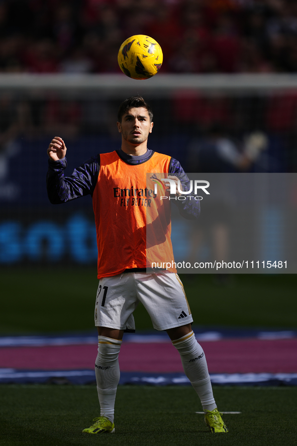 Brahim Diaz attacking midfield of Real Madrid and Spain during the warm-up before the LaLiga EA Sports match between CA Osasuna and Real Mad...