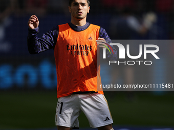 Brahim Diaz attacking midfield of Real Madrid and Spain during the warm-up before the LaLiga EA Sports match between CA Osasuna and Real Mad...