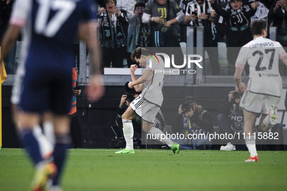 Juventus forward Federico Chiesa (7) is celebrating after scoring his goal to make it 1-0 during the Coppa Italia semi-final football match...