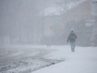 A man is walking along a road during a snowfall in Linkoping, Sweden, on April 2, 2024. (