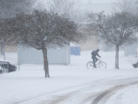 A man is riding his bike on a road during a snowfall in Linkoping, Sweden, on April 2, 2024. (