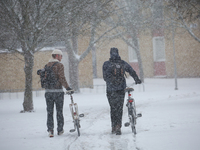 Two men are pushing bicycles along a road during a snowfall in Linkoping, Sweden, on April 2, 2024. (