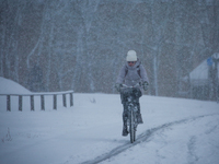 A woman is riding her bike along a road during a snowfall in Linkoping, Sweden, on April 2, 2024. (